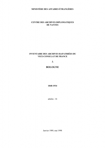 FR MAE 103PO/1, Bologne, consulaire, 1848-1934