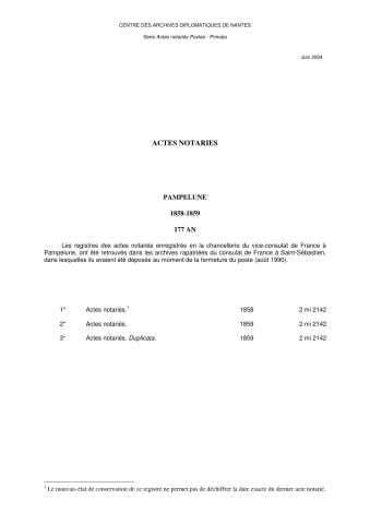 FR MAE 177AN, Pampelune, notariat consulaire, primata, 1858-1859