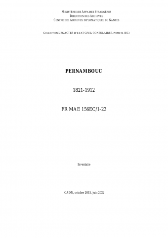 FR MAE 156EC/1-23, Pernambouc, état civil consulaire, primata, 1821-1912