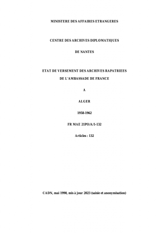 FR MAE 21PO/A/1-132, Alger, ambassade, 1958-1962