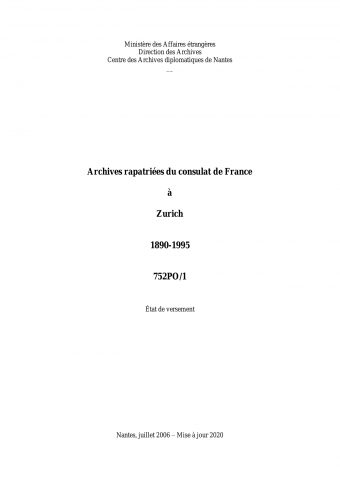 FR MAE 752PO/1, Zurich, consulat, 1890-1995