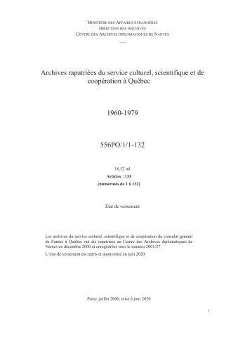 FR MAE 556PO/1, Québec, service culturel, 1960-1979
