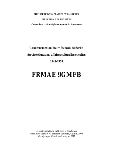 FR MAE 9GMFB, ZFO, Gouvernement militaire français de Berlin, Service éducation, affaires culturelles et cultes, 1945-1955