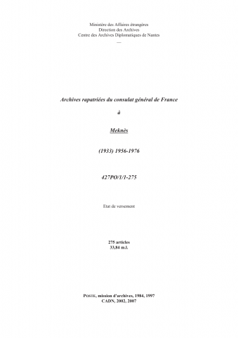 FR MAE 427PO/1, Meknès, consulat général, 1956-1976