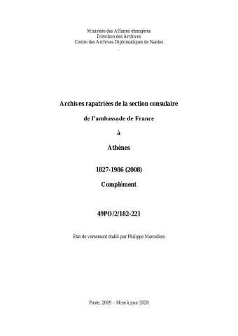 FR MAE 49PO/2/182-221, Athènes, ambassade, 1827-1986