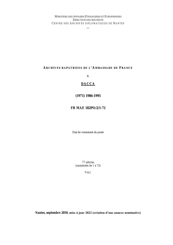 FR MAE 182PO/2/1-72, Dacca, ambassade, 1986-1995