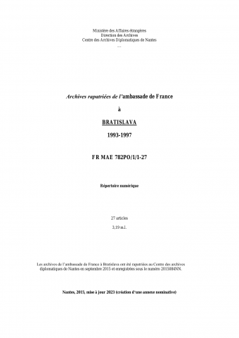 FR MAE 782PO/1/1-27, Bratislava, ambassade, 1993-1997