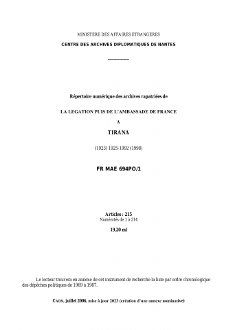 FR MAE 694PO/1/1-214, Tirana, ambassade, 1925-1992