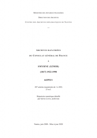 FR MAE 643PO/1, Smyrne (Izmir), consulat, 1922-1990