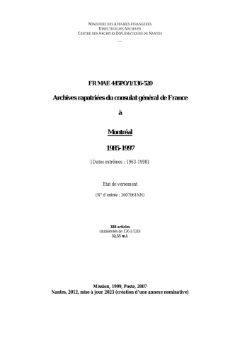 FR MAE 445PO/1/136-520, Montréal, consulat, 1985-1997