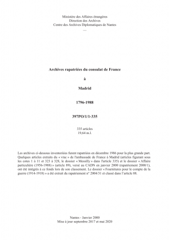 FR MAE 397PO/1/1-335, Madrid, consulat, 1796-1988
