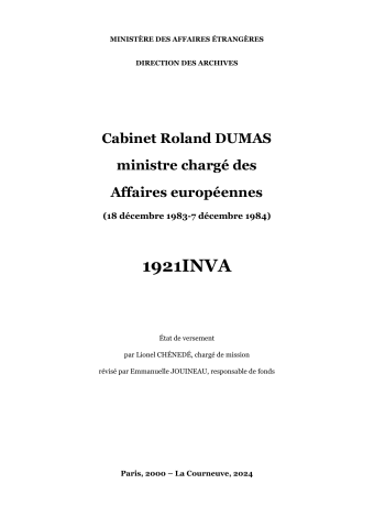 FR MAE 1921INVA, cabinet Affaires europeennes, Roland DUMAS, 1983-1984