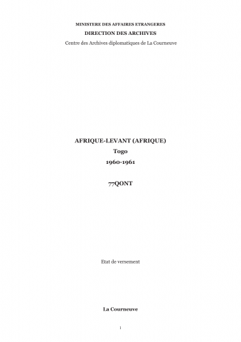 FR MAE 77QONT, Afrique-Levant (Afrique), Togo, 1960-1961