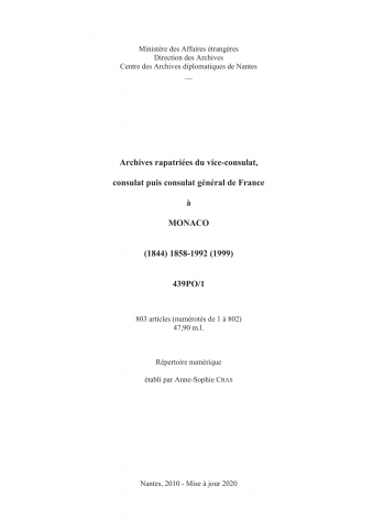 FR MAE 439PO/1, Monaco, consulat général, 1858-1992