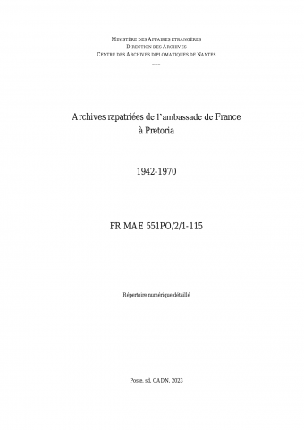 FR MAE 551PO/2/1-115, Pretoria, ambassade, 1941-1970