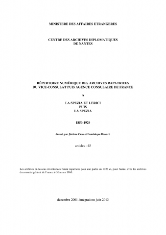 FR MAE 347PO/1, La Spezia, vice-consulat, 1850-1929