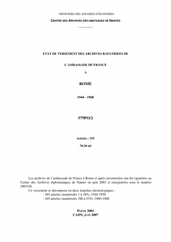 FR MAE 579PO/2, Rome, ambassade, 1944-1968