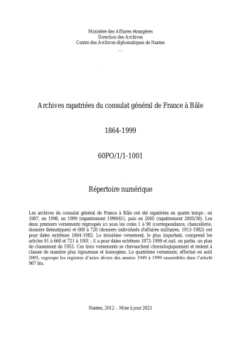 FR MAE 60PO/1/1-1001, Bâle, consulat général, 1864-1999