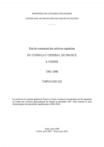 FR MAE 724PO/1/182-525, Venise, consulat général, 1941-1998