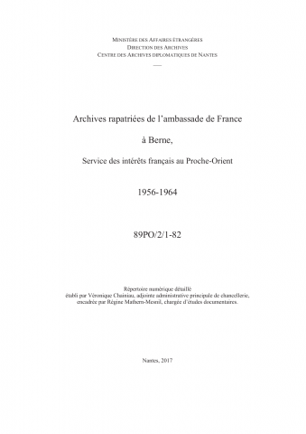 FR MAE 89PO/2, Berne, ambassade, service des intérêts français au Proche-Orient, 1956-1964
