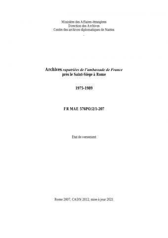 FR MAE 576PO/2, Rome Saint Siège, ambassade, 1975-1989