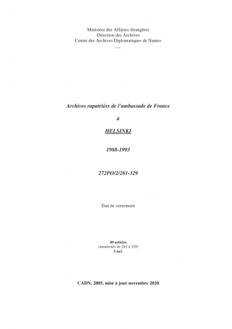 FR MAE 272PO/2, Helsinki, ambassade, 1988-1993