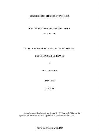 FR MAE 327PO/1, Kuala Lumpur, ambassade, 1957-1985