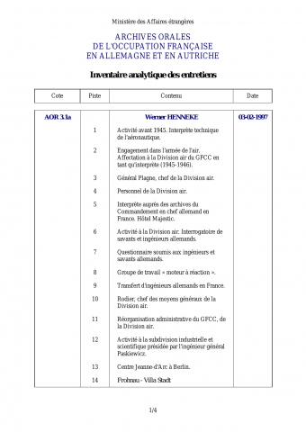 FR MAE 3AOR, Entretiens avec Werner HENNEKE