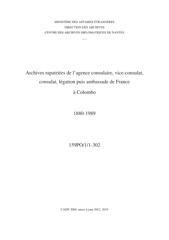 FR MAE 159PO/1, Colombo, agence consulaire, vice-consulat, consulat, légation puis ambassade, 1880-1989