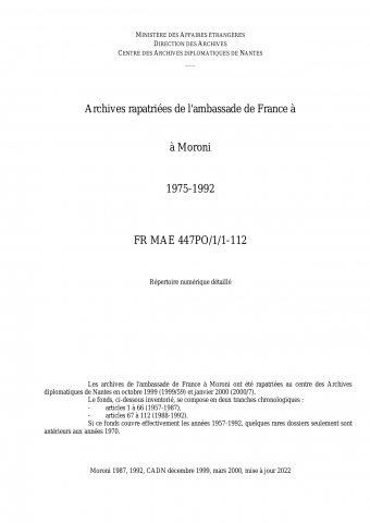 FR MAE 447PO/1/1-112, Moroni, ambassade, 1975-1992