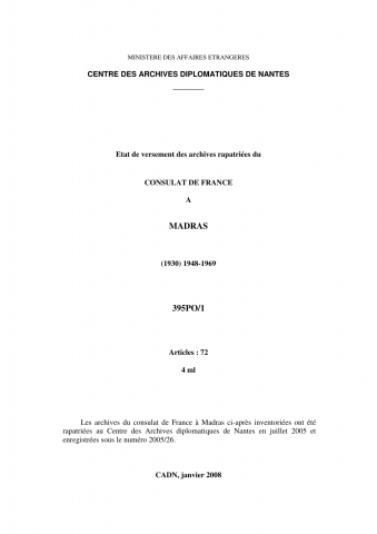 FR MAE 395PO/1, Madras, consulat, 1948-1969