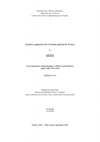 FR MAE 245PO/1, Gênes, consulat général, 1698-1939