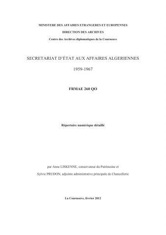 FR MAE 260QO, Secrétariat d'État aux Affaires algériennes, affaires politiques et économiques, 1959-1967