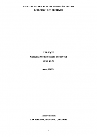 FR MAE 2100INVA, Afrique, Généralités-Réservés, 1959-1979