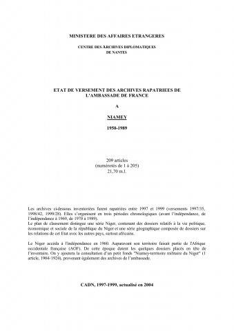 FR MAE 478PO/1, Niamey, ambassade, 1950-1989