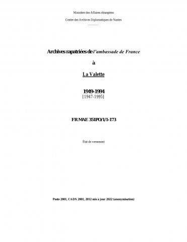 FR MAE 351PO/1/1-173, La Valette, ambassade, 1949-1994