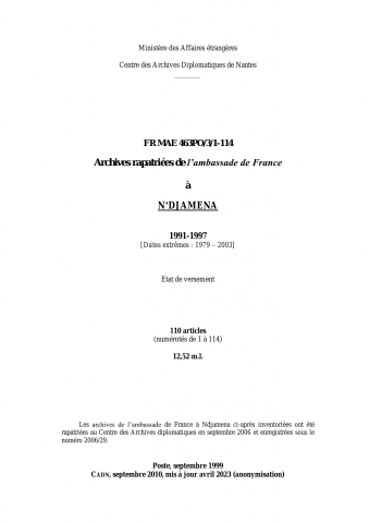 FR MAE 463PO/3/1-114, Ndjamena, ambassade, 1991-1997