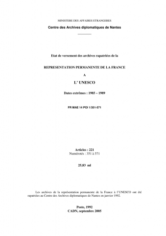 FR MAE 14POI, Paris, représentation permanente auprès de l'Organisation des Nations unies pour l'éducation, la science et la culture (UNESCO), 1985-1989