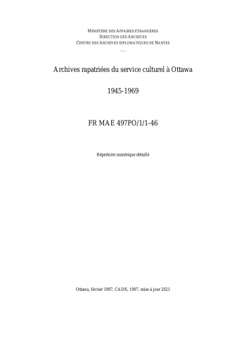 FR MAE 497PO/1/1-46, Ottawa, service culturel, 1945-1969