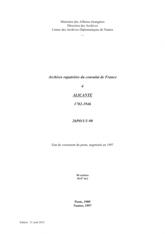 FR MAE 26PO/1/1-90, Alicante, consulat, 1702-1946