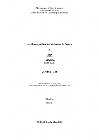 FR MAE 367PO/2/1-120, Lima, ambassade, 1945-1990