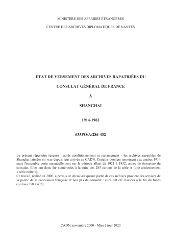 FR MAE 635PO/A/286-432, Shanghai, consulat, 1914-1952