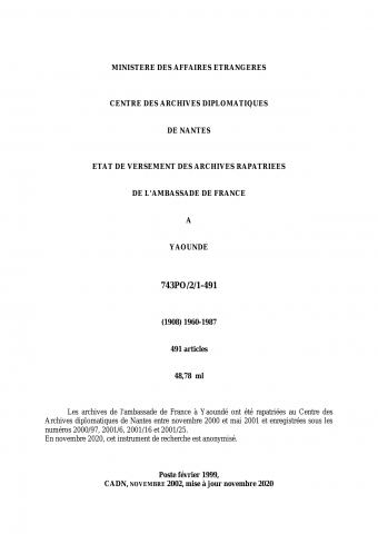 FR MAE 743PO/2/1-491, Yaoundé, ambassade, 1960-1987