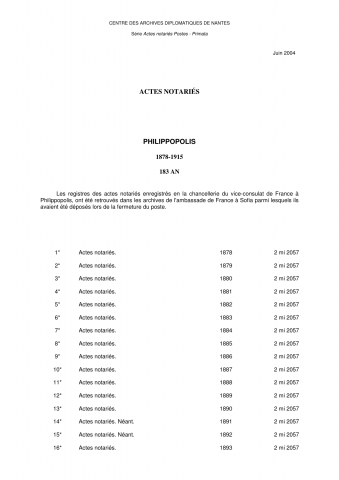 FR MAE 183AN, Philippopolis, notariat consulaire, primata, 1878-1915