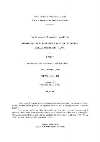 FR MAE 560PO/1/432-1002, Rabat, SCAC, 1980-1997