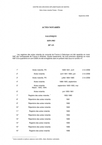 FR MAE 207AN, Salonique, notariat consulaire, primata, 1839-1983