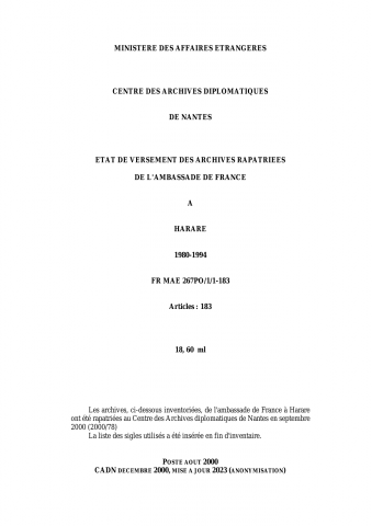 FR MAE 267PO/1/1-183, Harare, ambassade, 1980-1994