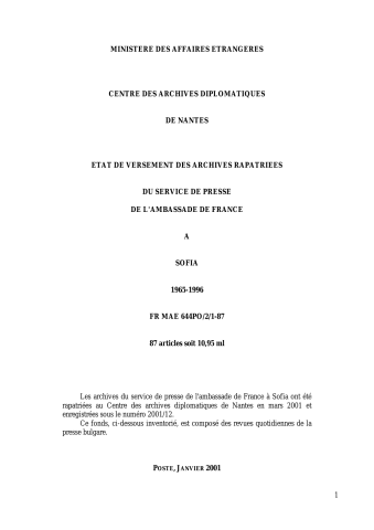 FR MAE 644PO/2/1-87, Sofia ambassade, presse, 1965-1996