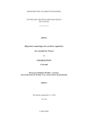 FR MAE 148PO/1, Charleston, consulat, 1778-1895