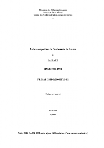 FR MAE 338PO/2006017, La Haye, ambassade, 1980-1994